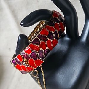 Vintage 80s Signed Purple Red Snake Scale Wrap Safety Chain Bracelet